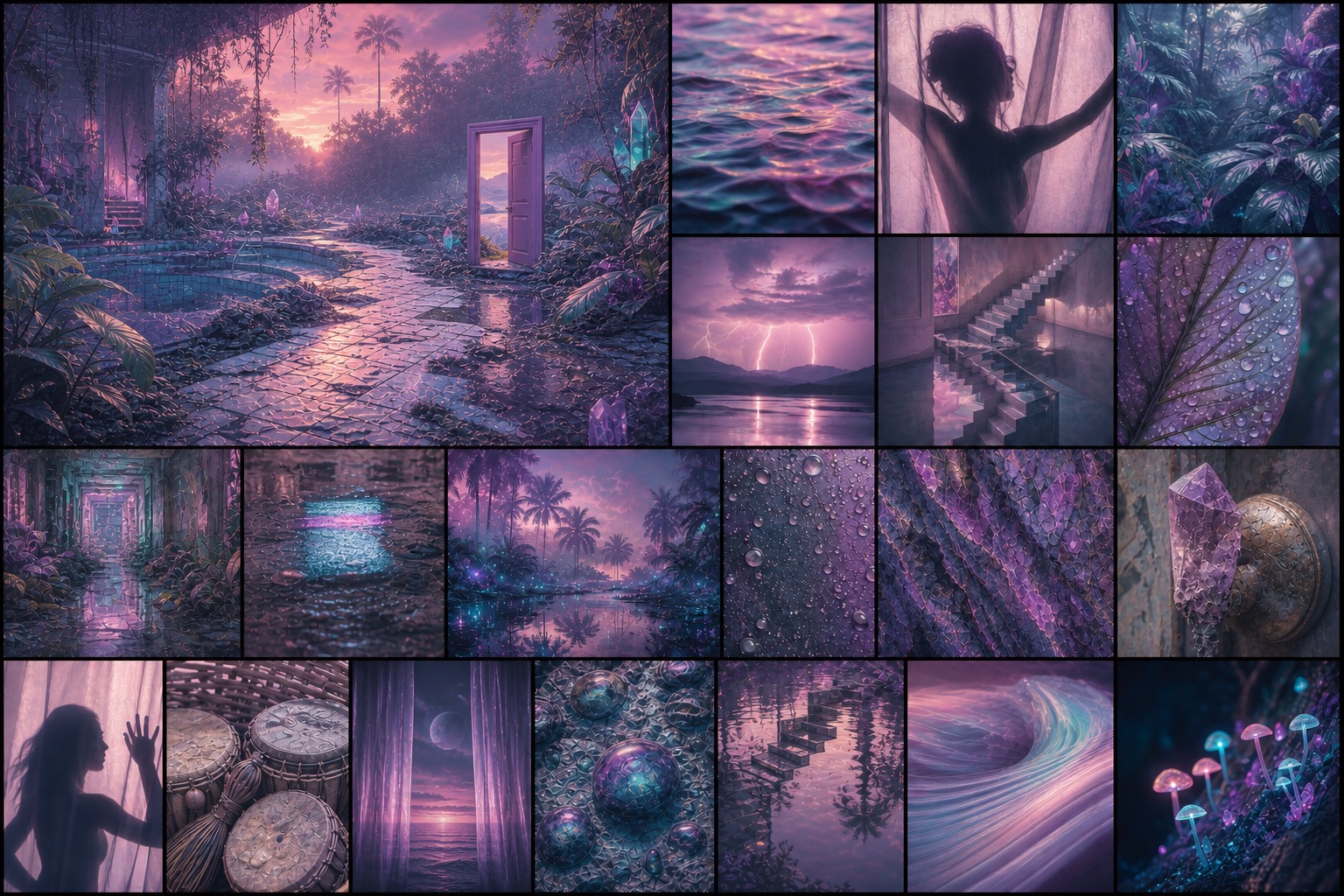 Violet wetlands, glowing water, crystals, tropical plants, liminal stairways, and a solitary silhouetted figure