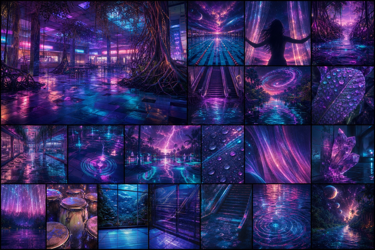 Neon pools, mangrove roots inside a mall, cosmic skies, escalators, crystals, and purple storms